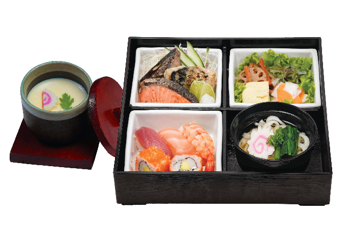 SUSHI, GRILLED FISH AND HOT UDON BENTO